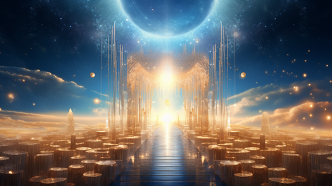 Crystalline pathway leading to a bright horizon, symbolizing the journey of soul realignment and the clarity of the Akashic Records