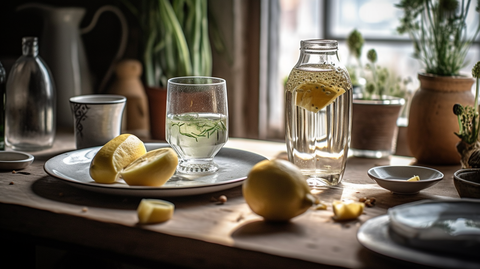 Close-up of ginger slices, fennel seeds, and a glass of water on a table, set against a bright kitchen window, symbolizing natural remedies for bloating.