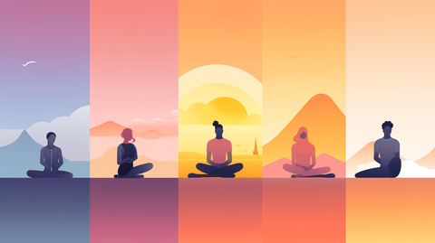 Illustration of six diverse individuals showcasing daily habits: reading, meditating, exercising, journaling, healthy eating, and drinking water, set against a motivating sunrise backdrop.