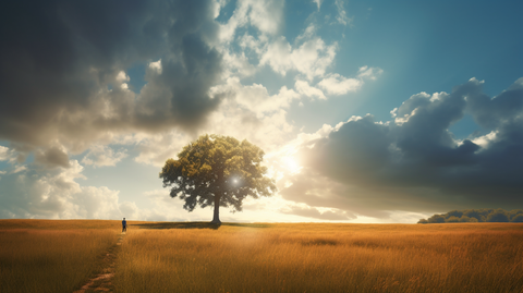 Individual standing on a sunlit meadow, gazing towards a distant group beneath an oak tree, capturing a journey from solitude to connection in bright daylight.