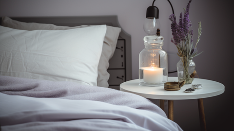 a serene bedroom with a nightstand holding a clock and potted lavender, highlighting restful sleep's role in detox.