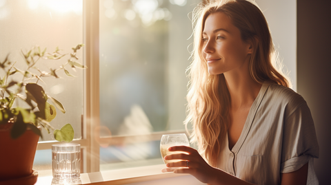 Woman holding a glass of water in a sunlit room