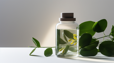 Glass bottle filled with green plant-based capsules on a white backdrop, accompanied by a leafy plant, emphasizing natural wellness.