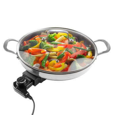  Cucina Pro - Sartén eléctrica de acero inoxidable 18/10, sartén  con interior antiadherente, con tapa de vidrio, redonda de 12 pulgadas,  sonda de control de temperatura para ajustes de calor ajustables 