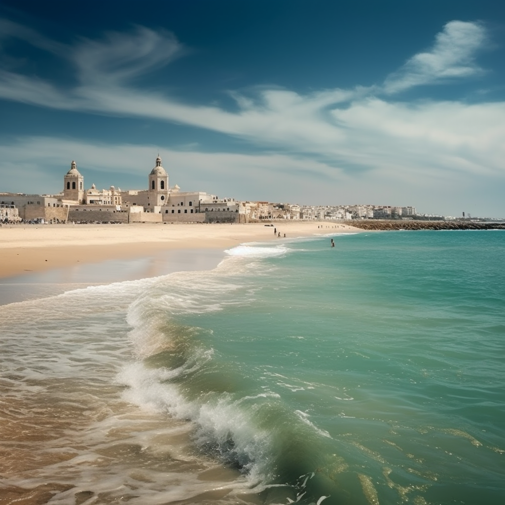 A breathtaking view of the beautiful beach in Cadiz, where golden sands meet the azure waters of the Mediterranean.