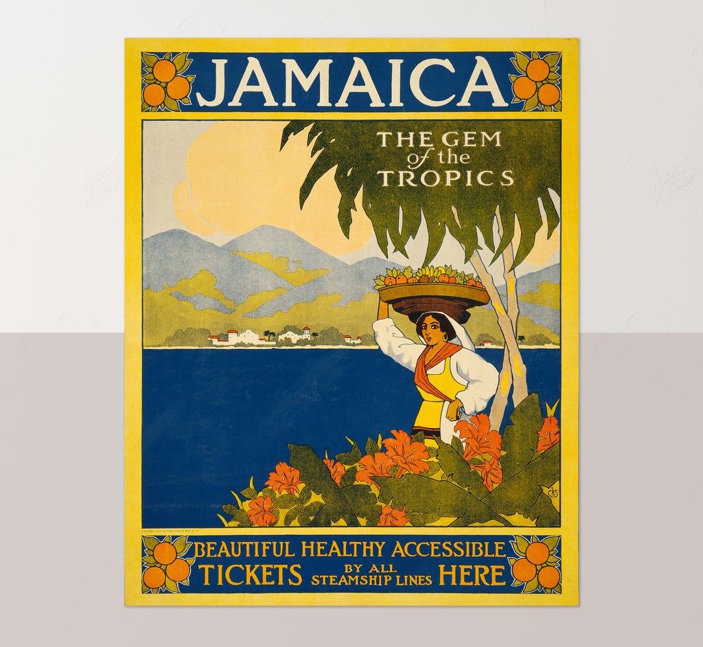 Woman carrying a fruit basket, Jamaica vintage travel poster by Thomas Cook, 1910.