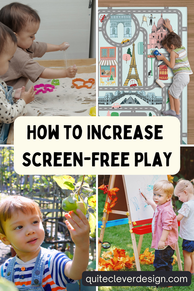 A grid of four images. The top left is toddlers playing in a sensory bin, top right is a child laying and playing with a car on a road rug, the bottom right is two toddlers drawing on an easel outside, and the bottom left is a child examining a pear growing on a tree.
