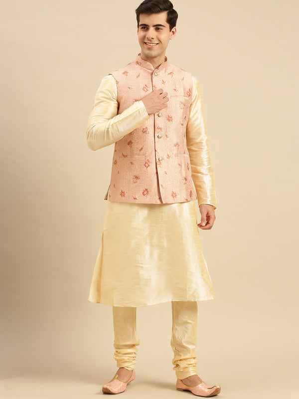 Peach Kurta Pajama Set With Amber Peach Banarasi Nehru Jacket – Rajanyas