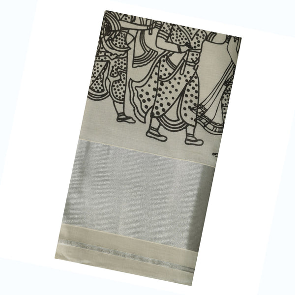 Pure Cotton Set Saree with Traditional Silver and Coffee Brown lines border