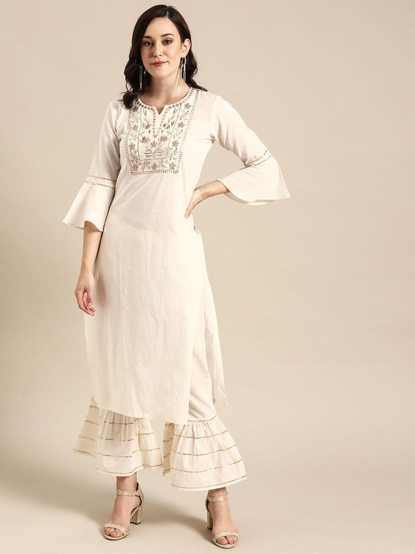 White Flared Embroidered Cotton Long Kurti