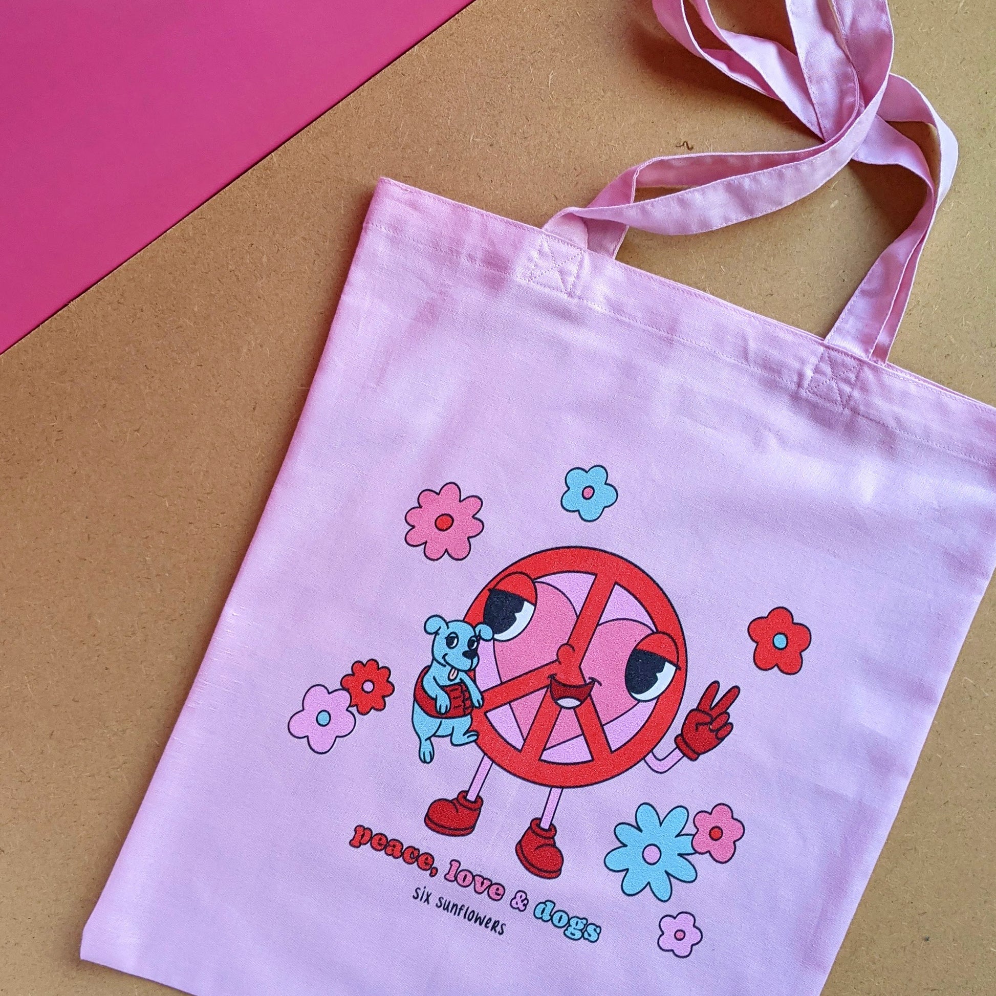 peace love dogs tote bag pink 