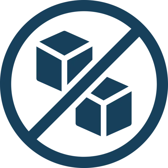 A blue circle with a diagonal line crossing two cubes, indicating 'no sugar.'