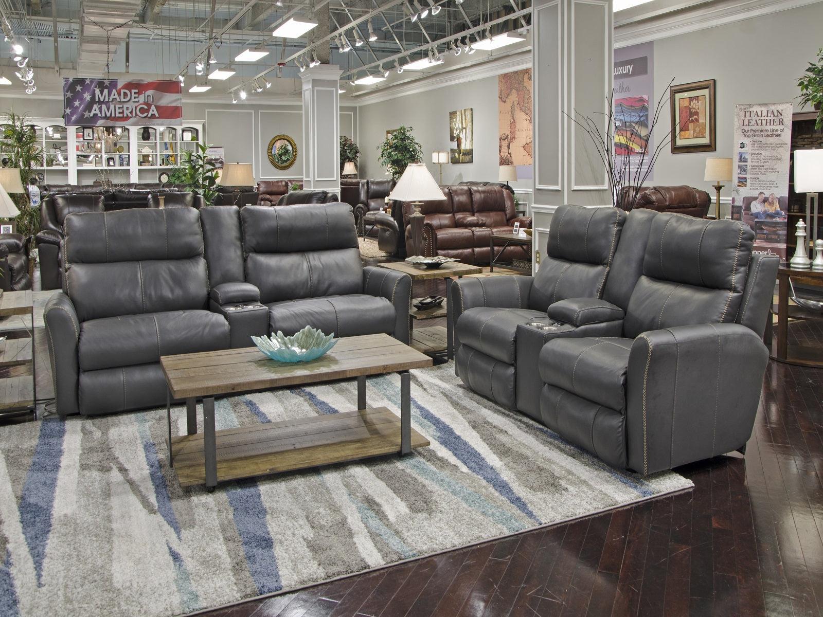 Catnapper Furniture Mara Voice Power Headrest with Lumbar Power Lay Flat Reclining Console Loveseat in Anthracite