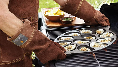 Outset Grill Gloves and Outset Cast Iron Oyster Grill Pan