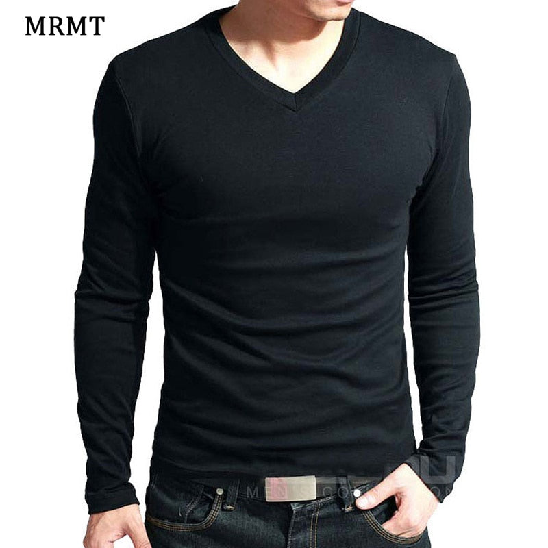 Moda masculina 2022 camiseta com decote em v manga longa de algodão t-shirts.