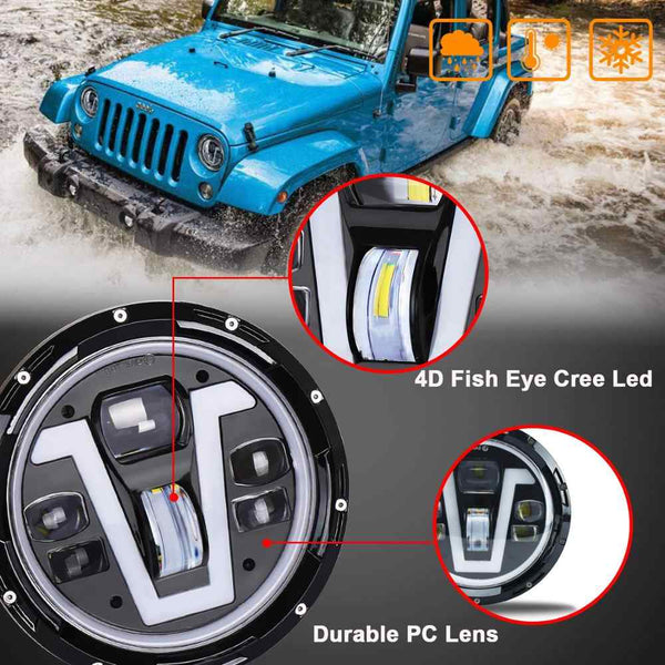 Jeep Headlight 7 Inch with Full DRL Ring Round 2 Pcs Set