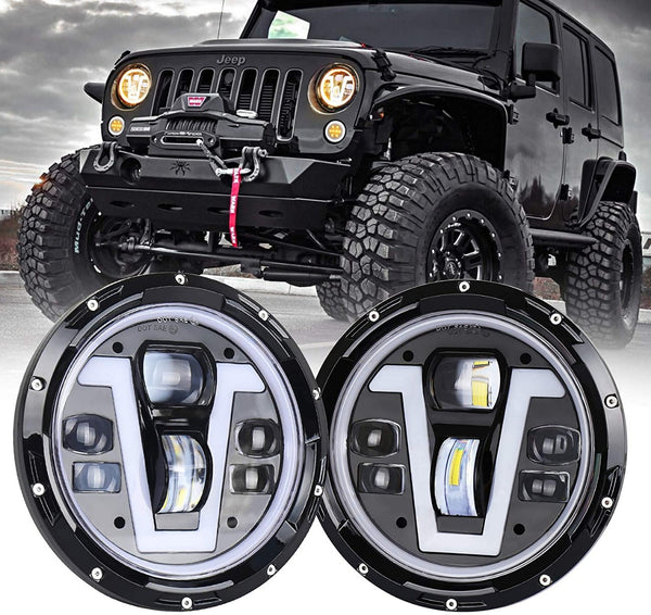 Jeep Headlight 7 Inch with Full DRL Ring Round 2 Pcs Set