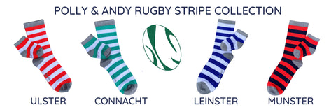 Ulster, Connacht, Leinster and Munster bamboo socks in a row