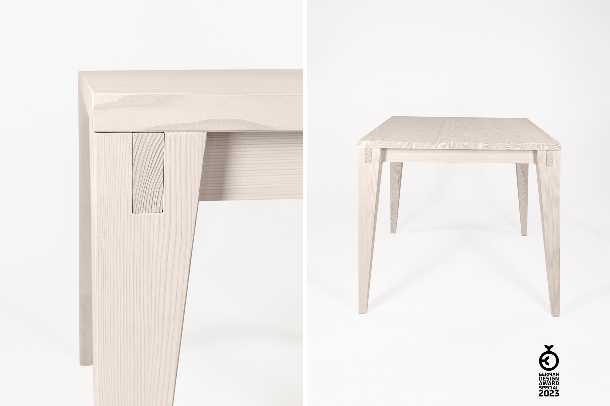 Tisch aus Weisstanne mit handwerklichen Verbindungen und Details. Ausgezeichnet mit dem German design Award und Winner bei den Iconic Awards