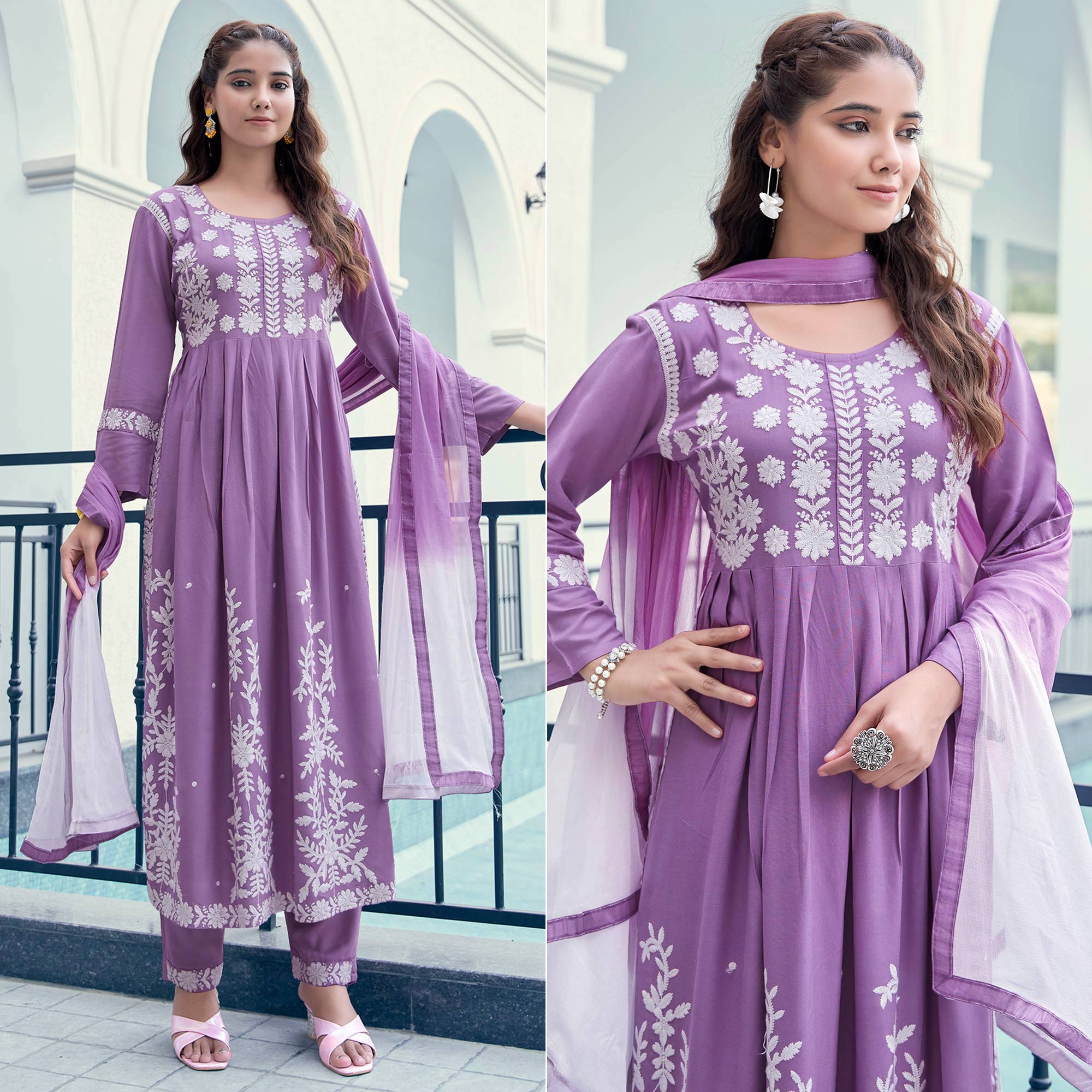 Purple Flared Suit With Heavy Embroidered Border 4093SL02