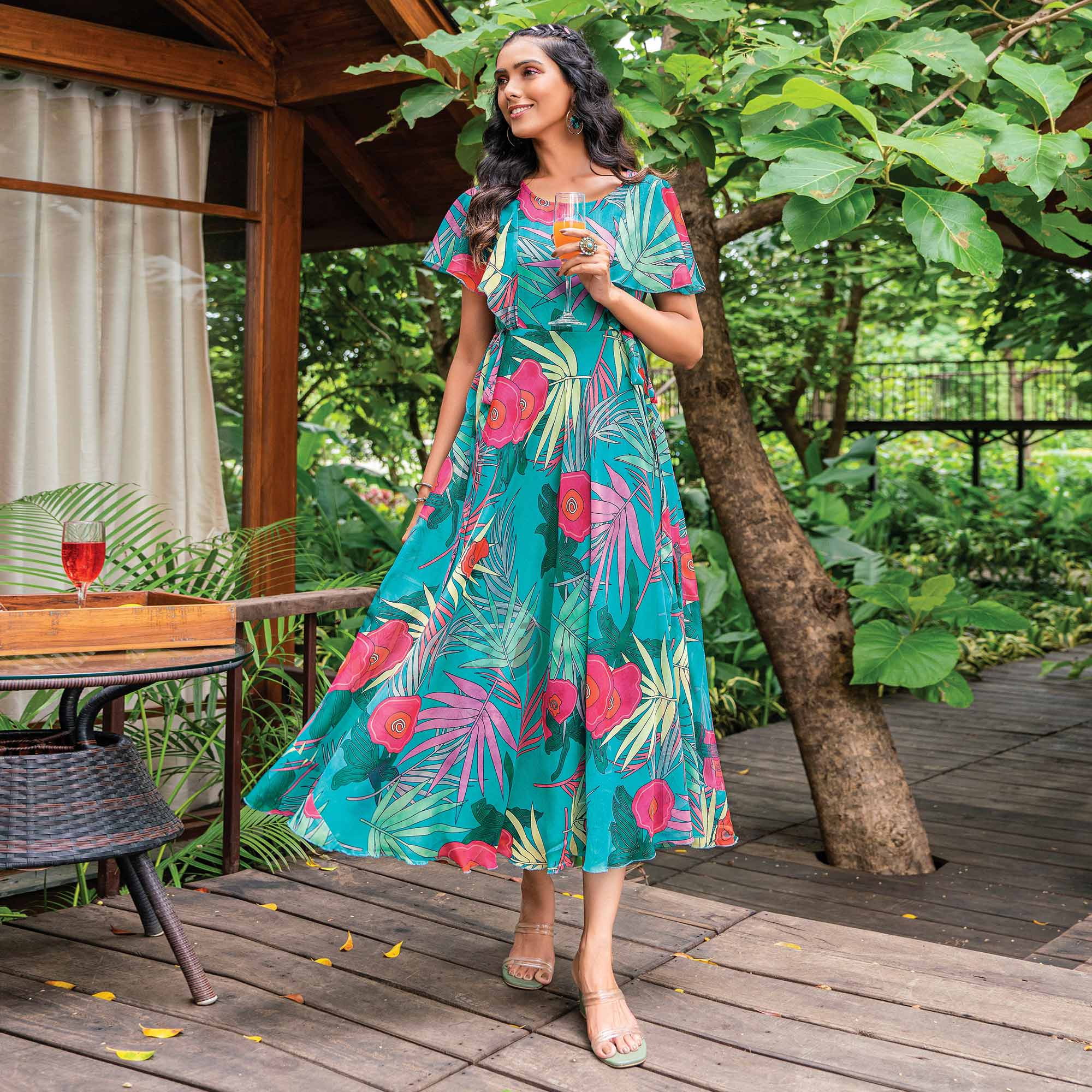 Tropical Print Chiffon Dress