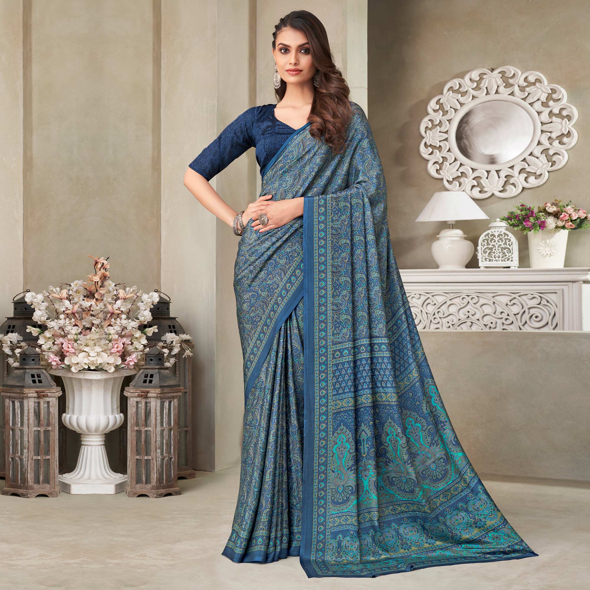 Buy Blue Polycrepe Printed Floral Round Saree Dress With Belt For