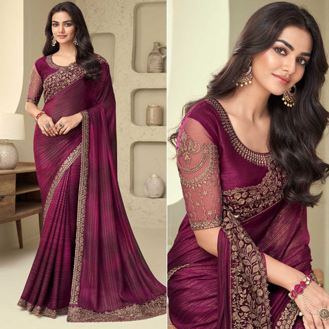 Plain Wine Satin Saree With Sequence Blouse at Rs 250/piece in Surat | ID:  25909855391