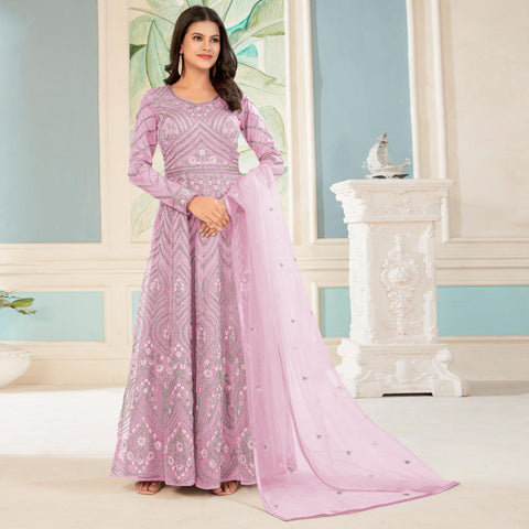 Dusty Pink Floral Embroidered Net Anarkali Style Gown
