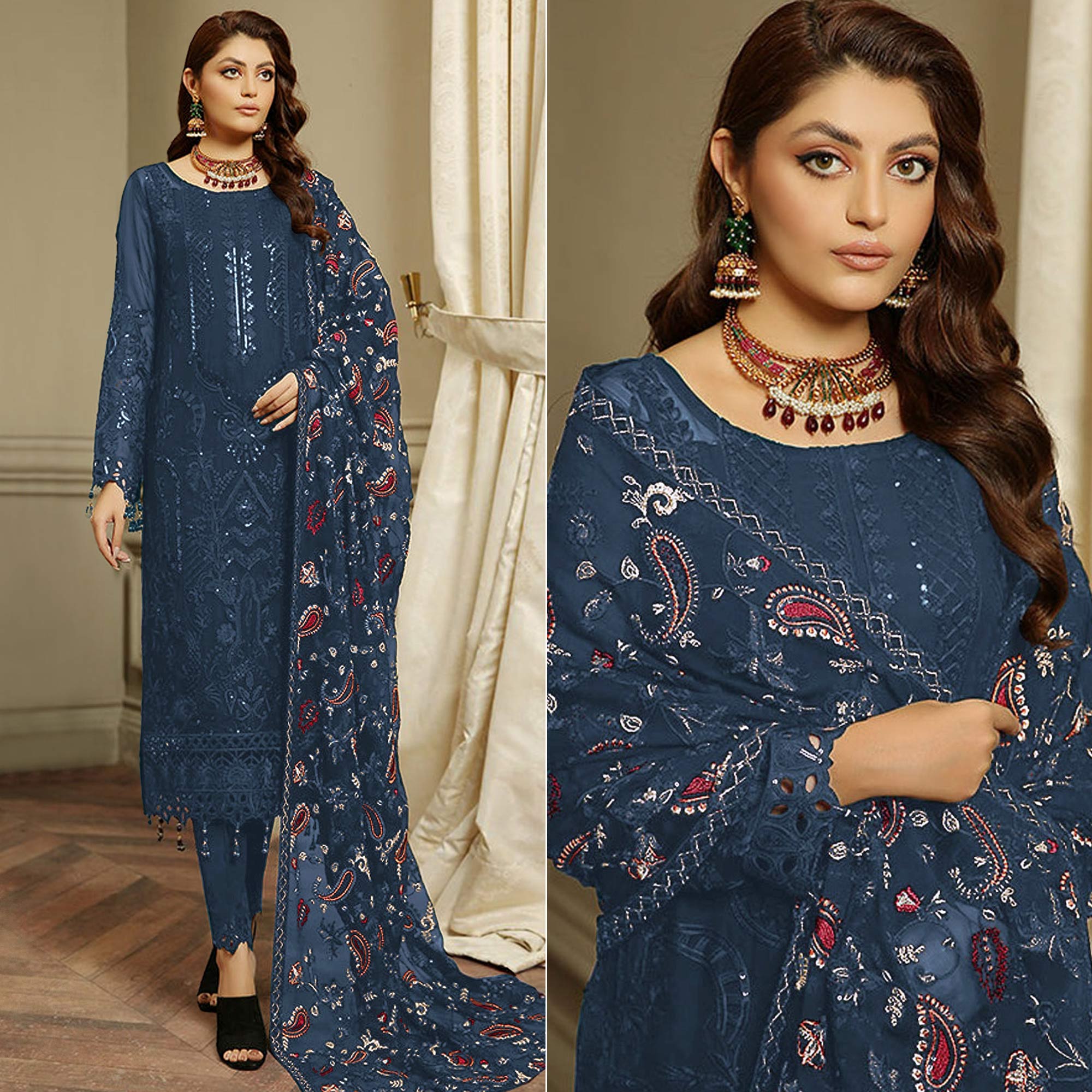 Embroidered Pakistani Ladies Designer Suits, Semi Stitched, Blue at Rs 2999  in Surat