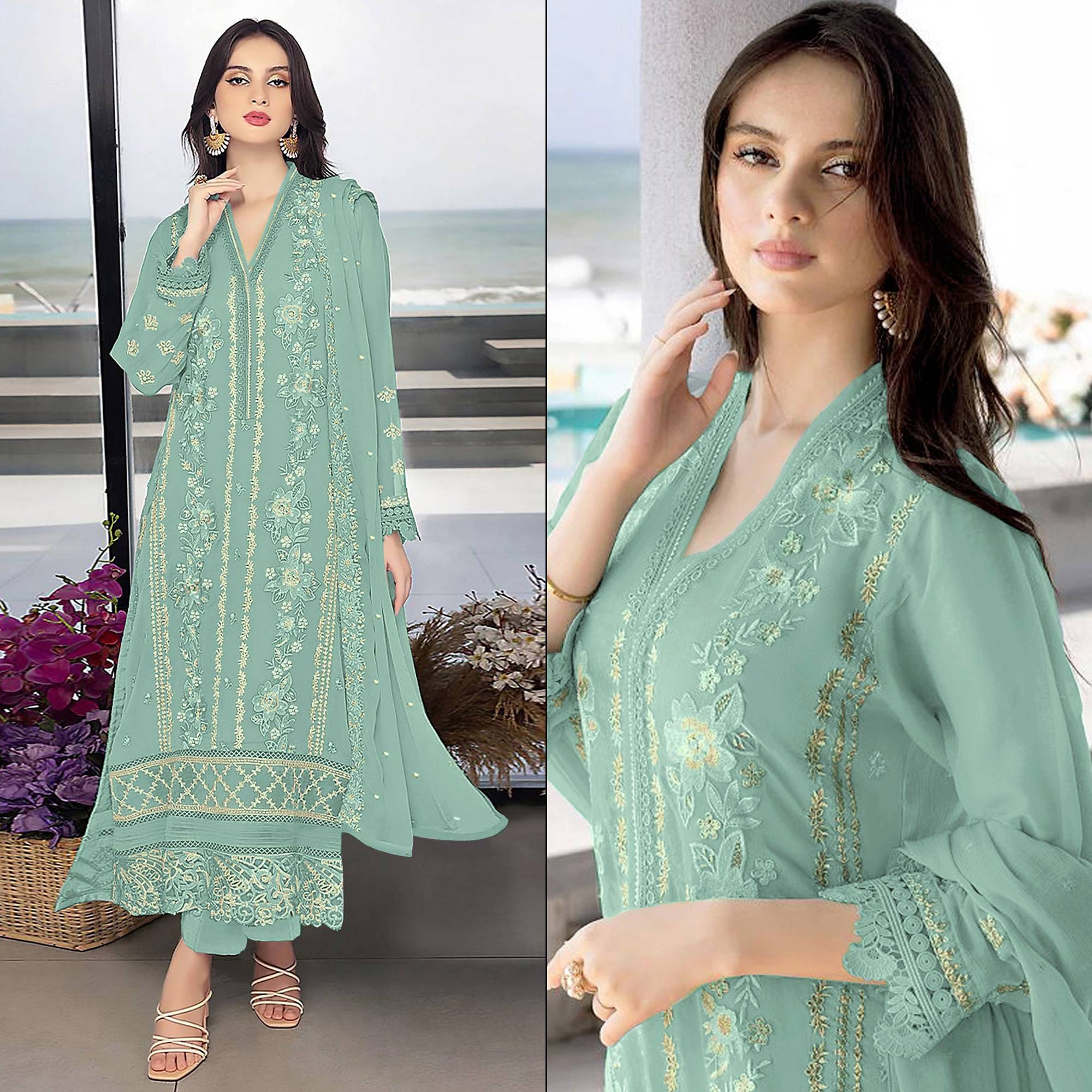 Turquoise Floral Embroidered Georgette Dress Material