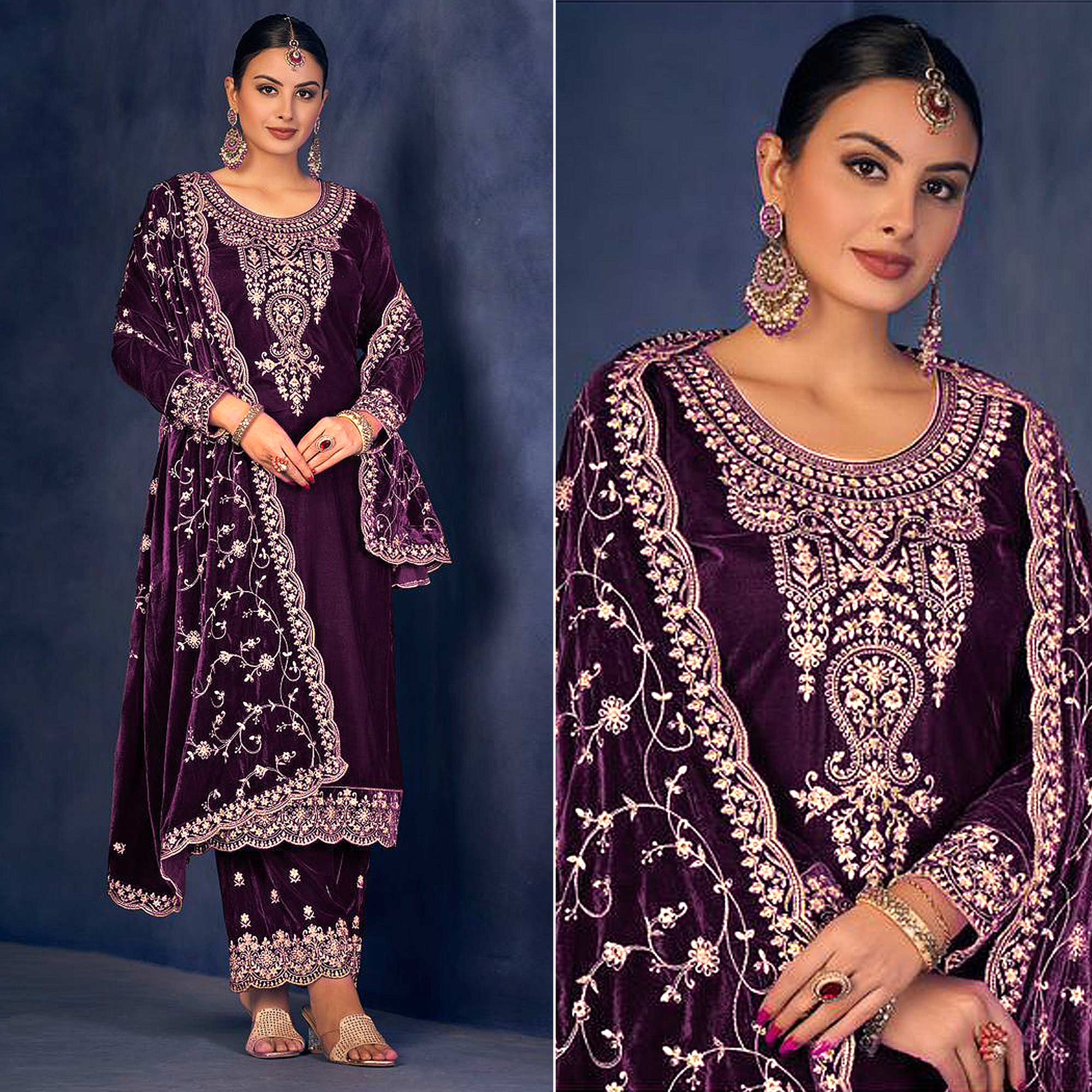 Purple velvet pakistani suit 8100F