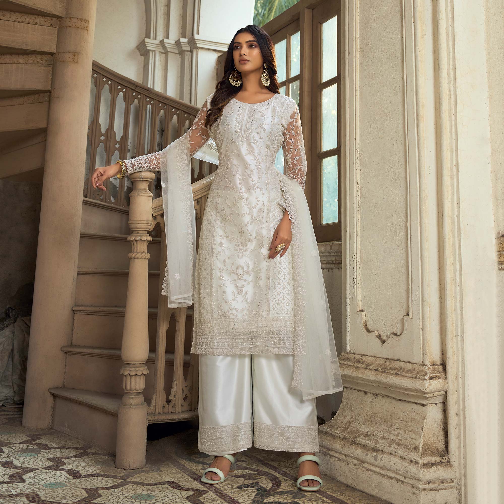 White Embroidered Netted Pakistani Suit