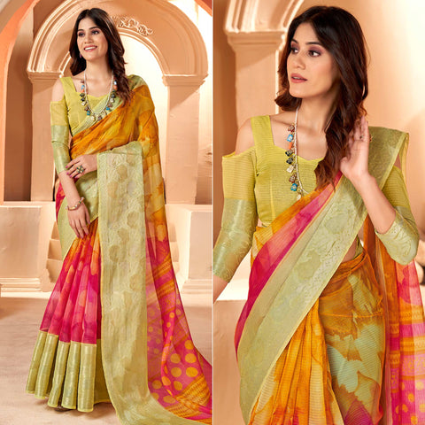 Peach Floral Printed With Embroidered Border Georgette Saree - Peachmode