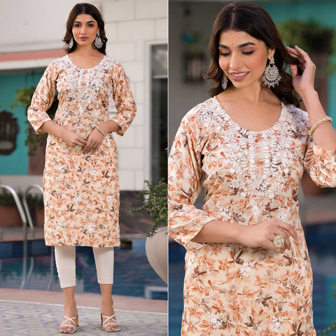 Rayon readymade kurti set cream and grey with allover paisley prints & –  Maatshi