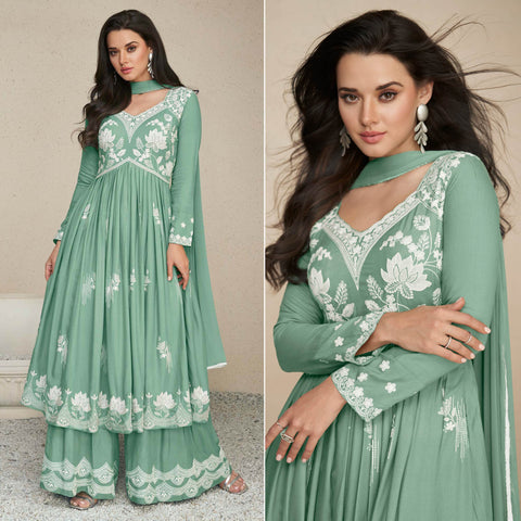 Green Partywear Embroidered Georgette Anarkali Suit