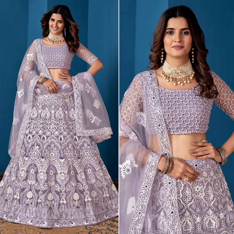 Purple georgette readymade lehenga, checked deisgn skirt in square & round  shape stone & v-necked stone work crop top