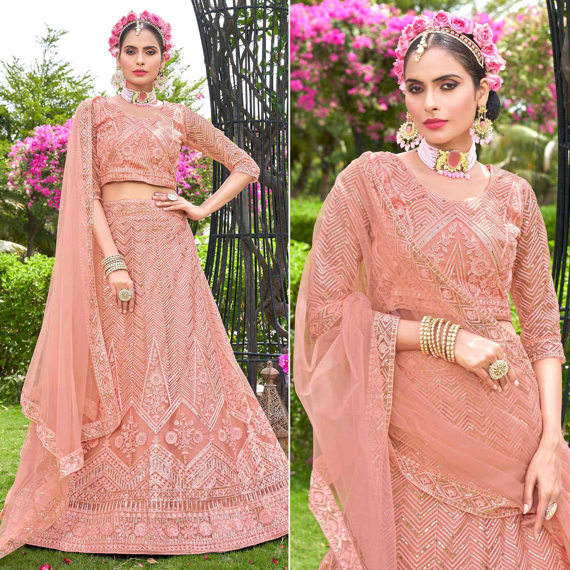 Amazing Peach Colored Partywear Embroidery Banarasi Silk Lehenga Choli