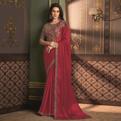 Party Wear Sarees : Red georgette ruffle border partywear