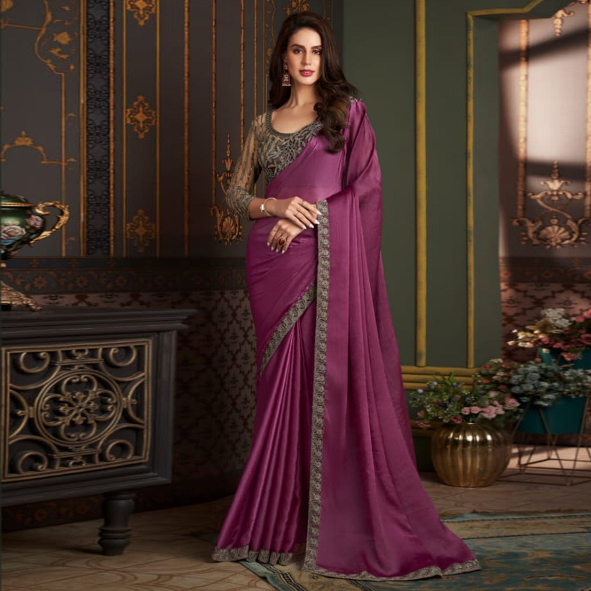 Purple Embroidered Pallu Lycra Saree 4951SR13