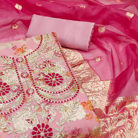 Pink Festive Wear Floral Embroidered Chanderi Dress Material