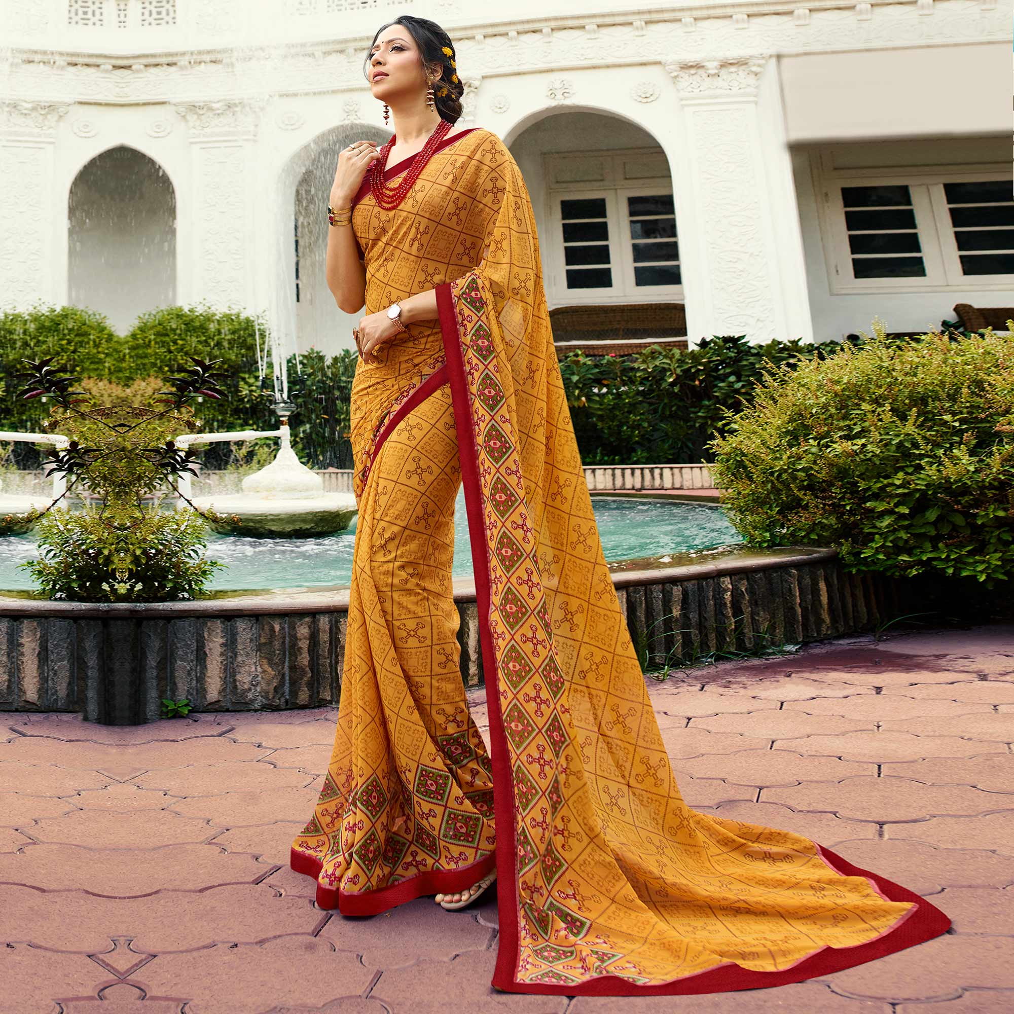 Lace Border Georgette Saree in Yellow : SPF6795