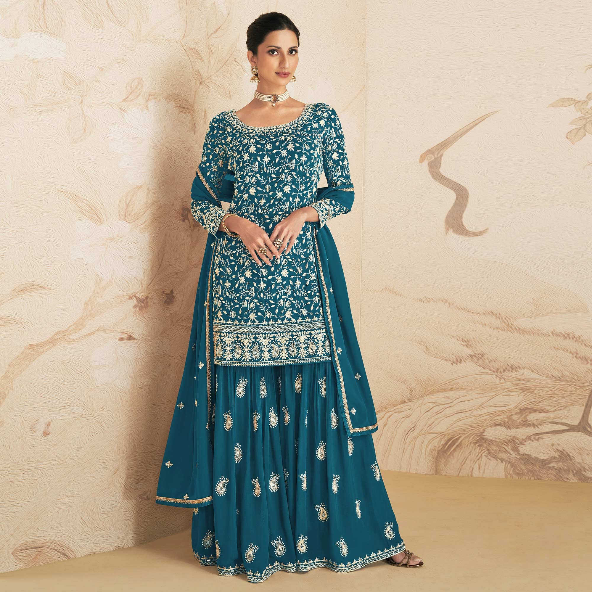 Navy Blue Embroidered With Embellished Georgette Sharara Suit