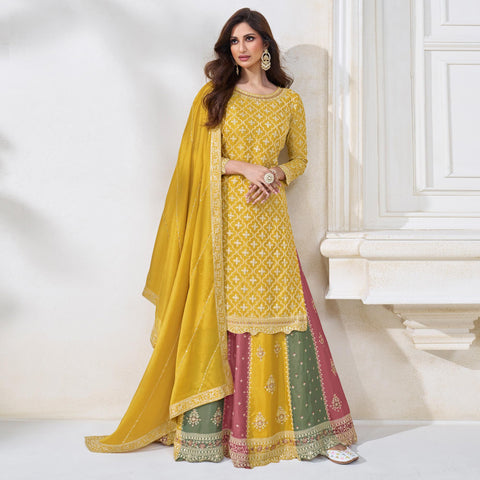 Indian Designer Wedding / Ethnic Wear Yellow Kurta Sharara Set, Beautiful  Heavy Work Embroidered Salwar Kameez Readymade, Suits for Haldi -   Canada