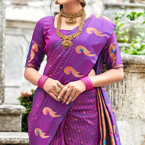 Lavender Woven Banarasi Silk Saree With Tassels