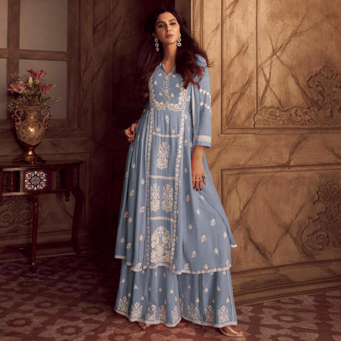 Tusser Silk Plazo Suit with Floral Dupatta | Punjabi suits designer  boutique, Womens dress suits, Patiala suit designs