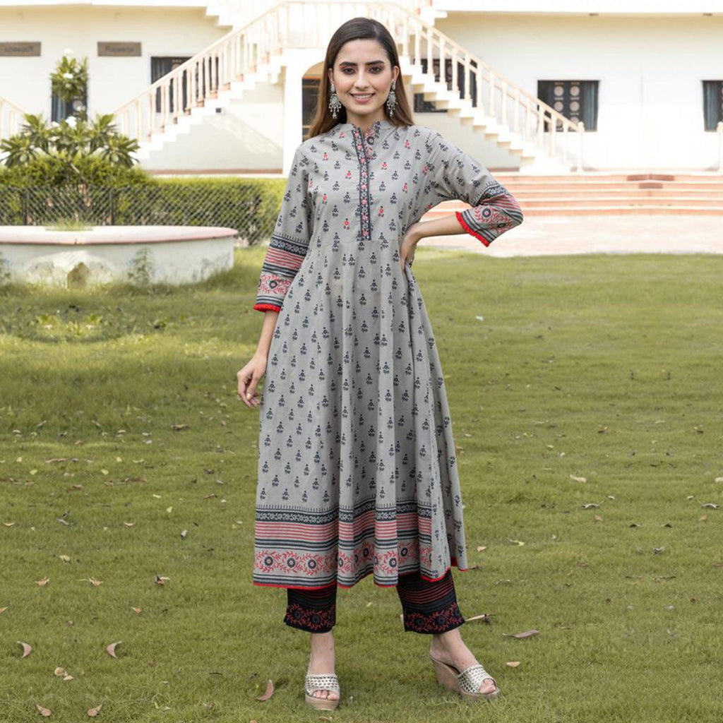 Aariya Designs - Grey Colored Casual Wear Printed Cotton Long Kurti-Pa