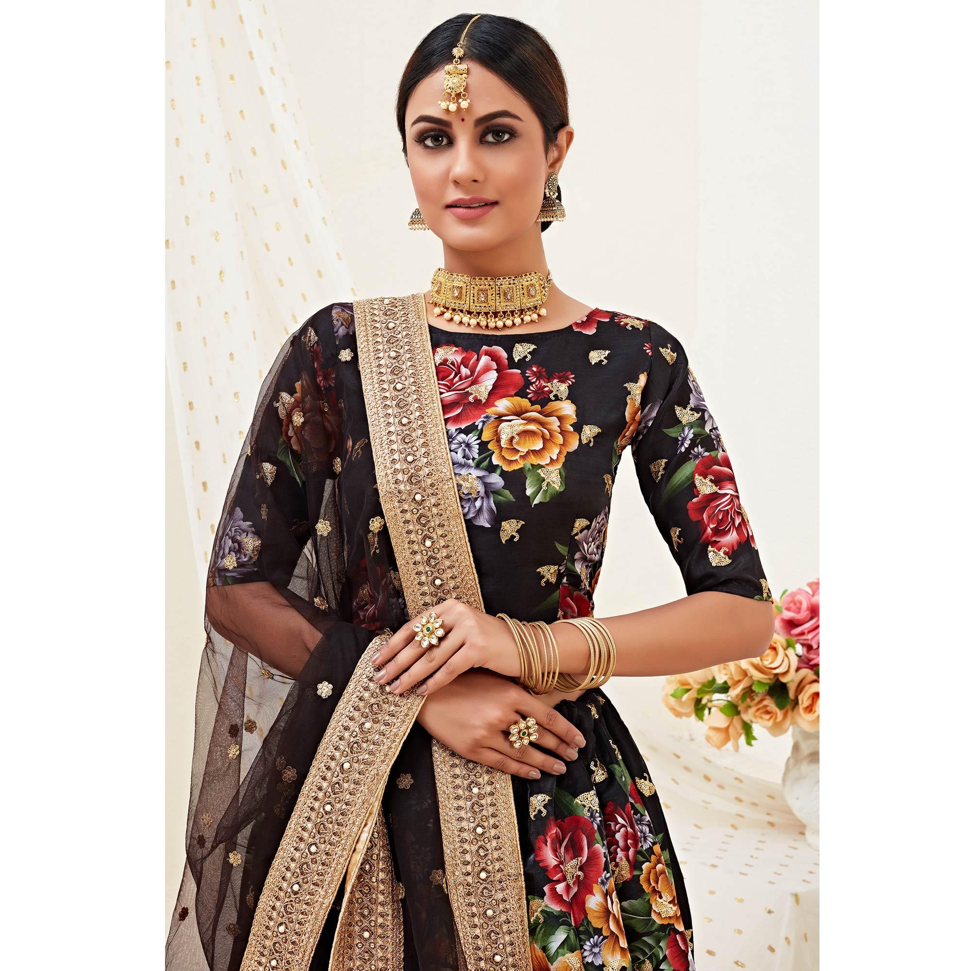 Alluring Black Colored Designer Wedding Wear Floral Printed Banglori S 2365