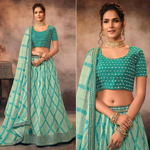 Eye-Catching Green Colored Designer Partywear Digital Printed Woven  Banarasi Silk Lehenga Choli