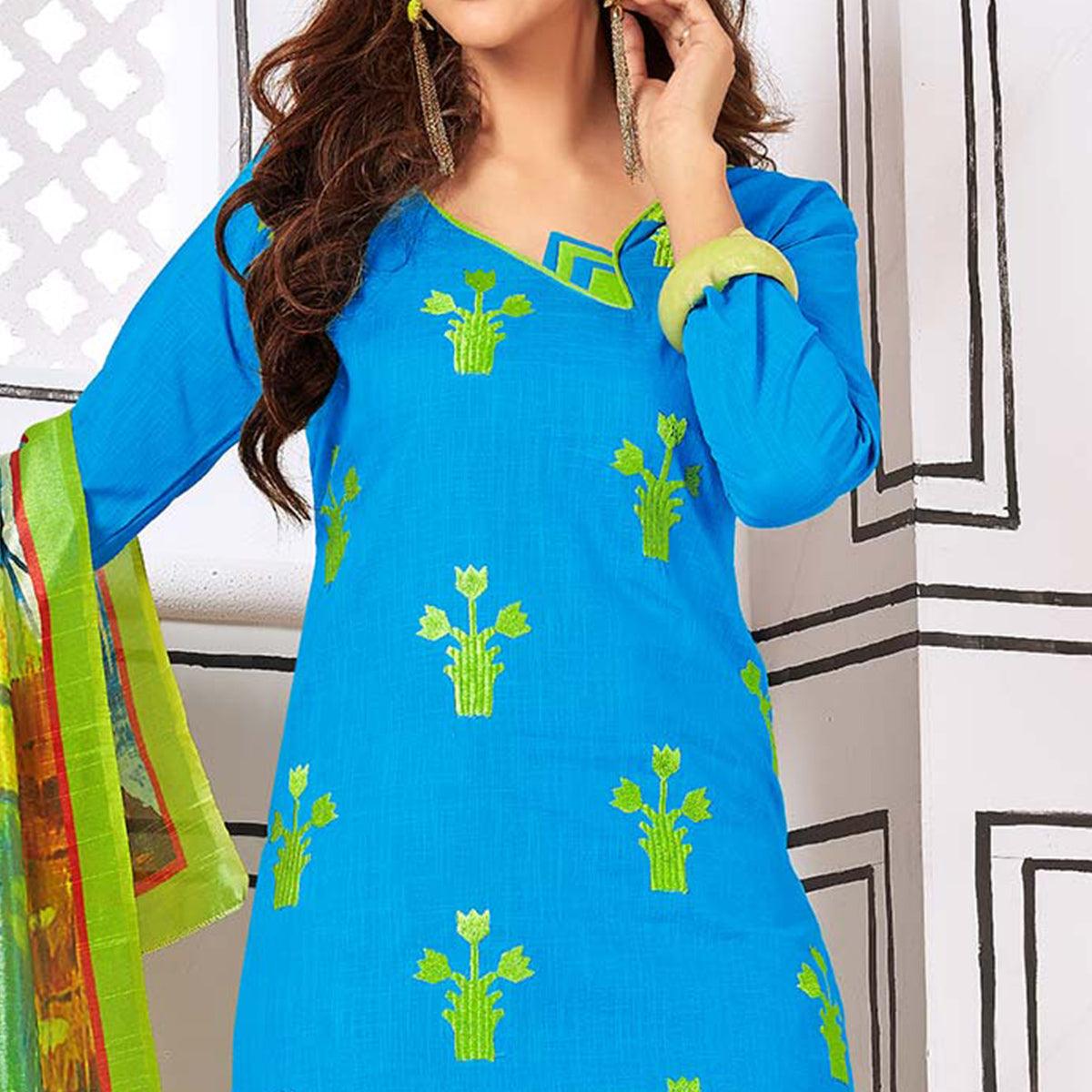 Attractive Sky Blue Colored Partywear Embroidered Cotton Suit