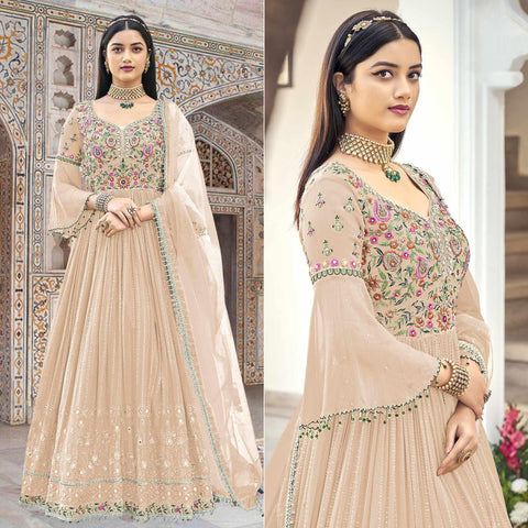 beige embroidered with embellished georgette anarkali style gown peachmode 1 large